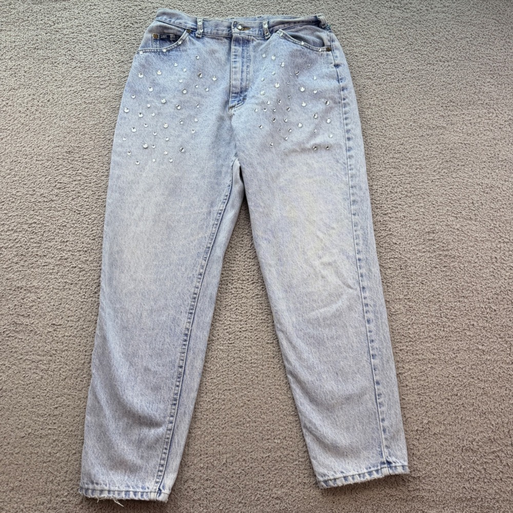 Vintage Lee High Waisted Rhinestone Mom Jeans Light Wash Made in USA 30 Union Ta